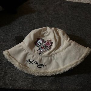 Ed Hardy Cream Bucket Hat with Skull and Floral Embroidery